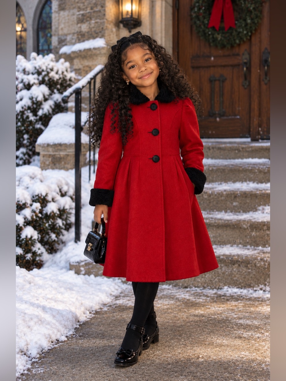 Rothschild Red Girls' Wool-Blend Coat with Black Faux Fur Trim